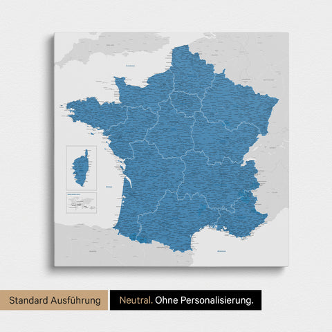 Neutrale Standard Ausführung der detaillierten Frankreich-Karte als Pinnwand Leinwand in Blau ohne Personalisierung
