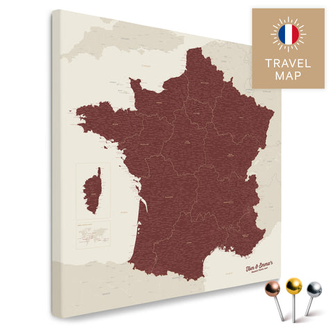 Frankreich-Landkarte in der Farbe Bordeaux Rot in einem modernen, minimalistischem Design als Leinwand zum Pinnen von Reisen und Orten