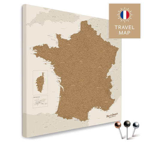 Frankreich-Landkarte in der Farbe Bronze in einem modernen, minimalistischem Design als Leinwand zum Pinnen von Reisen und Orten