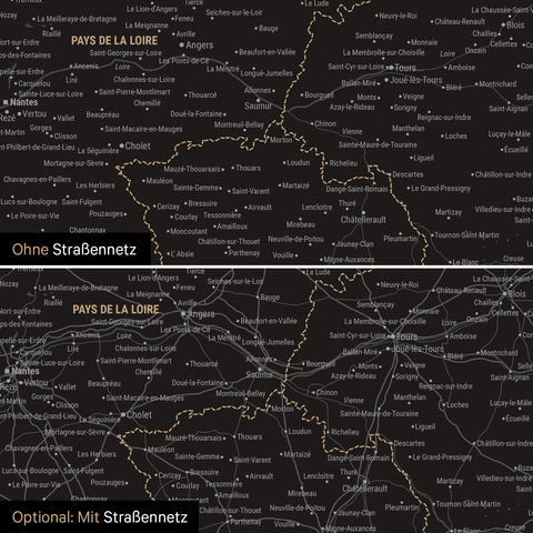 Landkarte von Frankreich als Pinnwand Leinwand in Light Black mit Personalisierung und Namen in einer modernen Schreibschrift