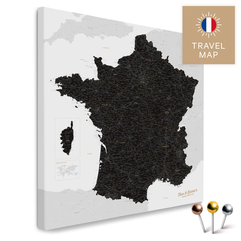 Frankreich-Landkarte in der Farbe Light Black in einem modernen, minimalistischem Design als Leinwand zum Pinnen von Reisen und Orten