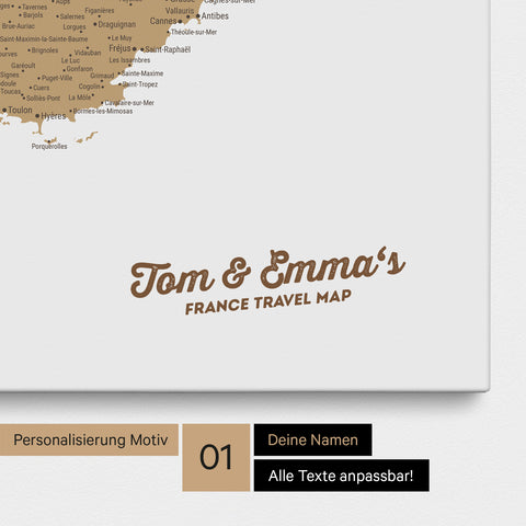 Landkarte von Frankreich als Pinnwand Leinwand in Multicolor Beige mit Personalisierung und Namen in einer modernen Schreibschrift