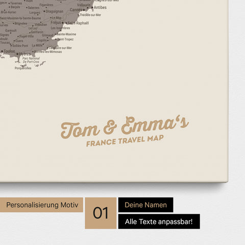 Landkarte von Frankreich als Pinnwand Leinwand in Warmgray mit Personalisierung und Namen in einer modernen Schreibschrift