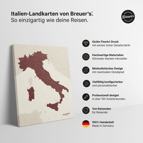 Carte d'Italie TRAVEL® Carte à épingles – Rouge Bordeaux
