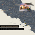 Italien Landkarte in Navy Light als Leinwand zum Pinnen zeigt einen Ausschnitt von Rom, Abruzzien und Kampanien mit vielen Details wie Nationalparks, Flüssen und zahlreichen kleinen Orten und Städten, die teilweise mit Pins markiert sind