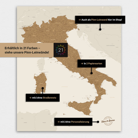 Carte d'Italie TRAVEL® Poster Premium – en 21 couleurs