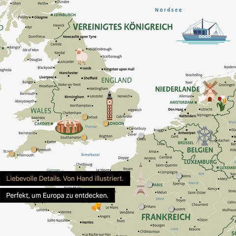 Ausschnitt einer magnetischen Kinder-Europakarte als Magnetboard in Farbe White zeigt Pins von Reisezielen in Frankreich und England