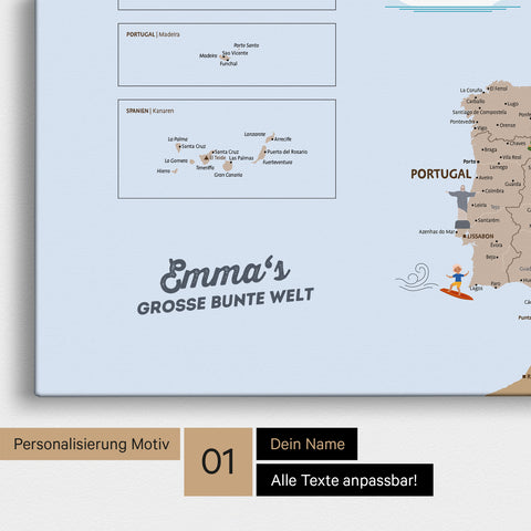 Kinder-Europakarte mit hohem Detailgrad als Pinn-Leinwand in Farbe Brown mit Personalisierung und Eindruck mit deinem Namen
