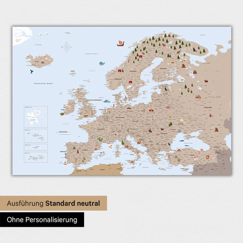 Neutrale und schlichte Ausführung einer Kinder-Europakarte als Poster in Farbe Brown