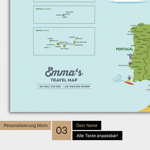 Detaillierte Kinder-Europakarte als Poster in Farbe Classic mit Personalisierung als Logo ein Kind