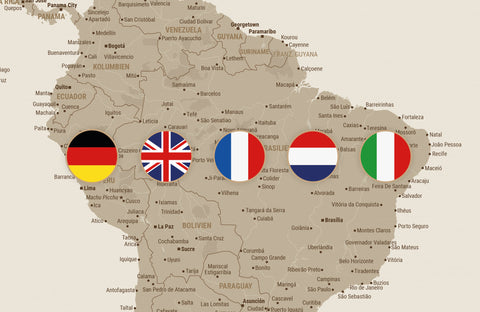 Breuer's Weltkarten sind in verschiedenen Sprachen erhältlich: Deutsch, Englisch, Französisch, Niederländisch, Italienisch