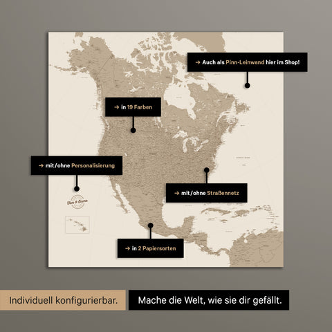 Carte de l'Amérique du Nord TRAVEL® Poster Premium – en 19 couleurs