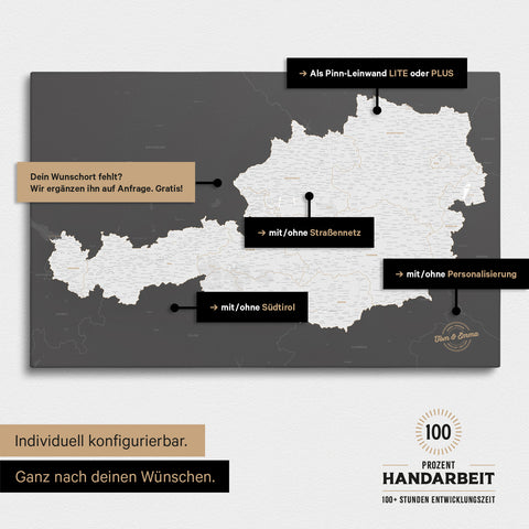 Konfigurationsmöglichkeiten einer Österreich-Landkarte mit Südtirol als Pinn-Leinwand in Dunkelgrau 