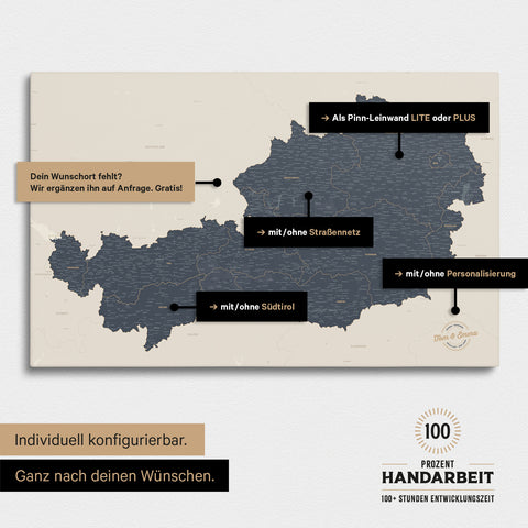 Konfigurationsmöglichkeiten einer Österreich-Landkarte mit Südtirol als Pinn-Leinwand in Navy Light 