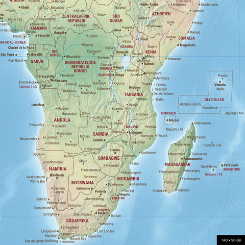 Physische Weltkarte in der Equal-Earth-Projektion mit einem Ausschnitt von Afrika in seinen korrekten Größenverhältnissen und Proportionen