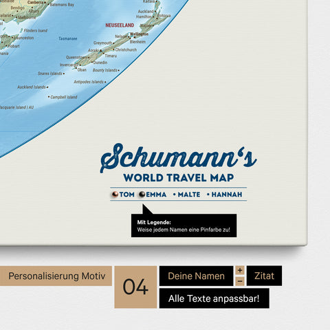 Leinwand einer physischen Weltkarte in der Equal-Earth-Projektion mit Personalisierung als Logo mit Familiennamen und Legende