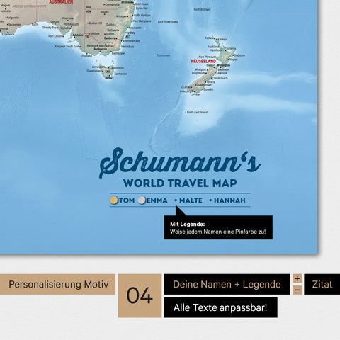 Magnetboard Weltkarte in Multicolor Terra mit Personalisierung als Logo mit Familiennamen