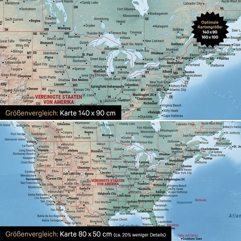 Größenvergleich einer physischen Weltkarte Leinwand in den Formaten 140 x 90 cm und 80 x 50 cm