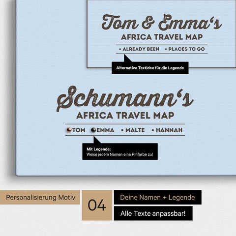 Pinnwand Leinwand einer politischen Afrika-Karte in Multicolor Atlas mit Personalisierung als Logo mit Familiennamen und Legende