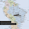 Detail einer politischen Weltkarte in der Equal-Earth-Projektion als Pinn-Leinwand in der Farbe Multicolor Atlas, die eine abgesteckte Reiseroute in Südamerika durch die Länder Brasilien, Peru und Ecuador zeigt