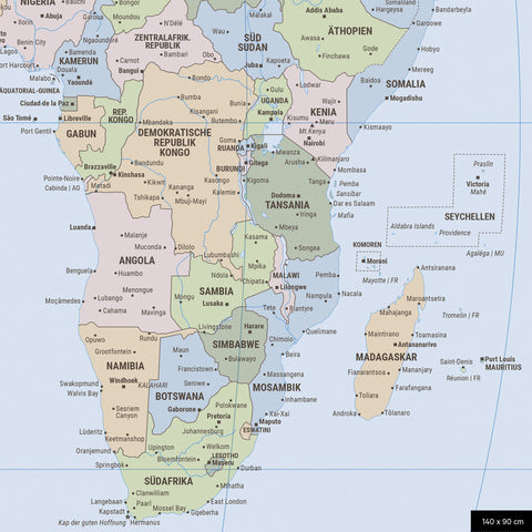 Politische Weltkarte in der Equal-Earth-Projektion als Pinnwand in der Farbe  Multicolor Atlas, auf der Reiseziele in den USA und Kanada mit Pins markiert sind