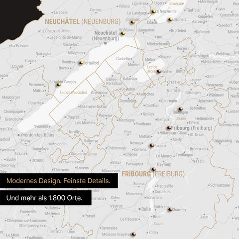 Ausschnitte einer Schweizkarte in der Region Freiburg und Thunersee als Pinn-Leinwand in Schwarz-Weiß mit 1.400 Orten