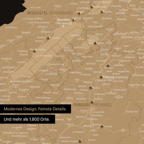 Ausschnitte einer Schweizkarte in der Region Freiburg und Thunersee als Pinn-Leinwand in Sonar-Black mit 1.400 Orten