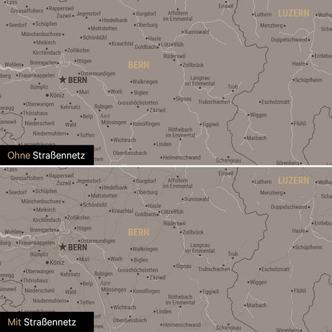 Schweiz-Karte Leinwand in Warmgray (Braun-Grau) wahlweise mit oder ohne Straßennetz