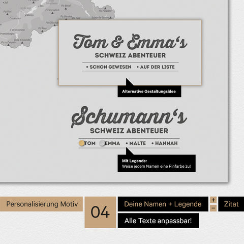 Magnetboard Schweiz-Karte in Hellgrau mit Personalisierung als Logo mit Familiennamen