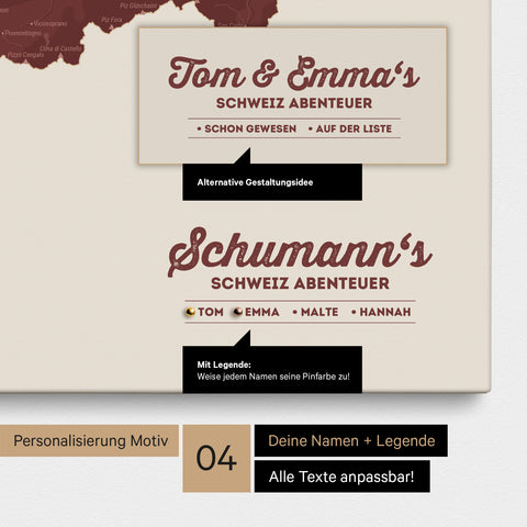 Pinnwand Leinwand einer Schweiz-Karte in Bordeaux Rot mit Personalisierung als Logo mit Familiennamen