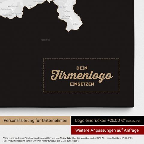 Schweiz-Karte als Pinn-Leinwand in Schwarz-Weiß mit Eindruck eines Firmenlogos