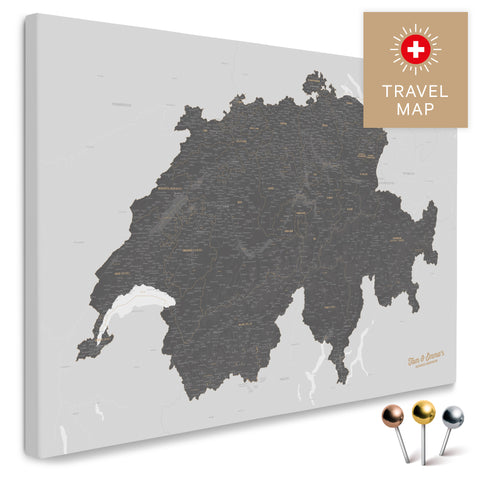 Schweiz-Landkarte in Dunkelgrau als Pinnwand Leinwand zum Pinnen und Markieren von Reisezielen kaufen