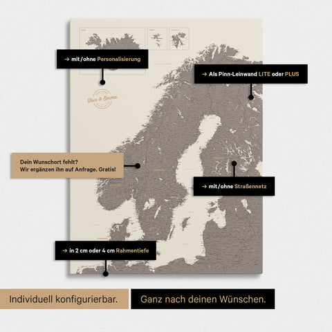 Konfigurationsmöglichkeiten einer Skandinavien-Landkarte als Pinn-Leinwand in Warmgray (Braun-Grau) 