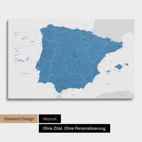 Neutrale Standard Ausführung der detaillierten Spanien- & Portugal-Karte als Pinnwand Leinwand in Blau ohne Personalisierung