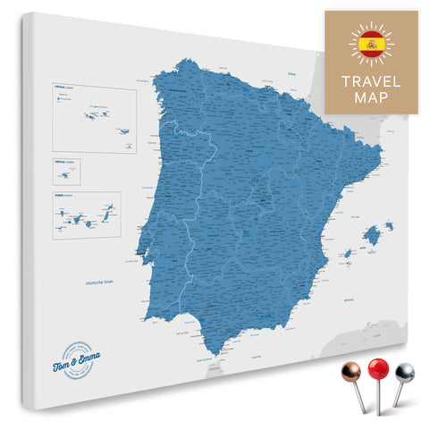 Spanien- & Portugal-Landkarte in der Farbe Blau in einem modernen, minimalistischem Design als Leinwand zum Pinnen von Reisen und Orten