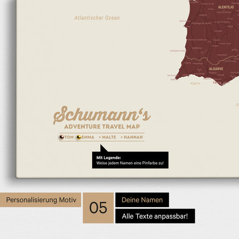 Spanien- & Portugal-Karte als Leinwand in Bordeaux-Rot mit Personalisierung als Logo mit Familiennamen und Legende für Orte, die man bereits besucht hat und noch besuchen möchte