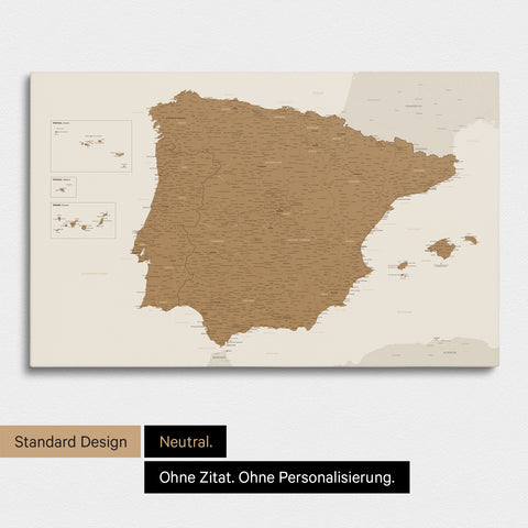 Neutrale Standard Ausführung der detaillierten Spanien- & Portugal-Karte als Pinnwand Leinwand in Bronze ohne Personalisierung