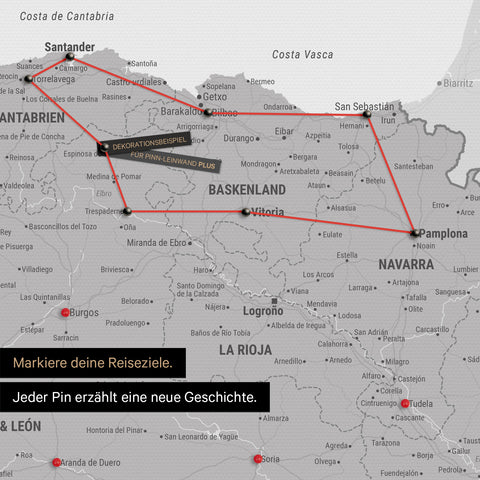 Moderne Spanien- & Portugal Landkarte in der Farbe Hellgrau als Pinn-Leinwand zeigt einen Ausschnitt vom Baskenland und Navarra, in der bereits besuchte Reiseziele durch Pins markiert sind 