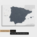 Neutrale Standard Ausführung der detaillierten Spanien- & Portugal-Karte als Pinnwand Leinwand in Denim Blue ohne Personalisierung