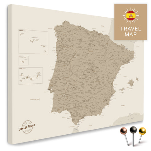 Spanien- & Portugal-Landkarte in der Farbe Desert Sand in einem modernen, minimalistischem Design als Leinwand zum Pinnen von Reisen und Orten