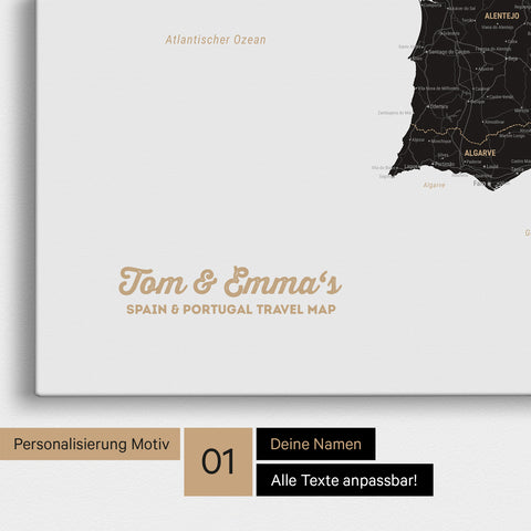 Landkarte von Spanien- & Portugal als Pinnwand Leinwand in Weiß-Schwarz mit Personalisierung und Namen in einer modernen Schreibschrift