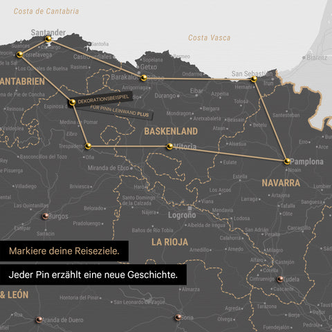 Moderne Spanien- & Portugal Landkarte in der Farbe Light Gray als Pinn-Leinwand zeigt einen Ausschnitt vom Baskenland und Navarra, in der bereits besuchte Reiseziele durch Pins markiert sind 