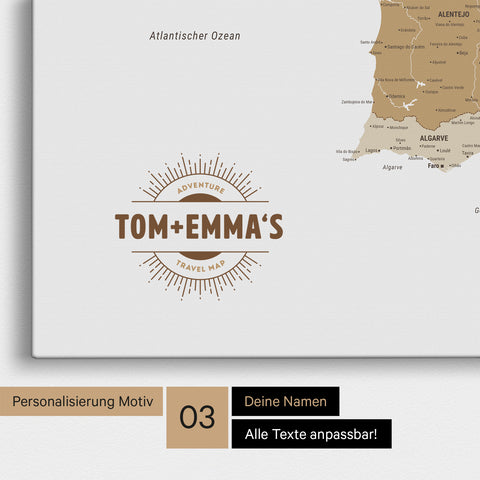 Spanien & Portugal-Karte TRAVEL® Pinn-Leinwand – Multicolor Beige