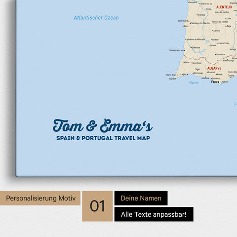 Landkarte von Spanien- & Portugal als Pinnwand Leinwand in Multicolor Classic mit Personalisierung und Namen in einer modernen Schreibschrift