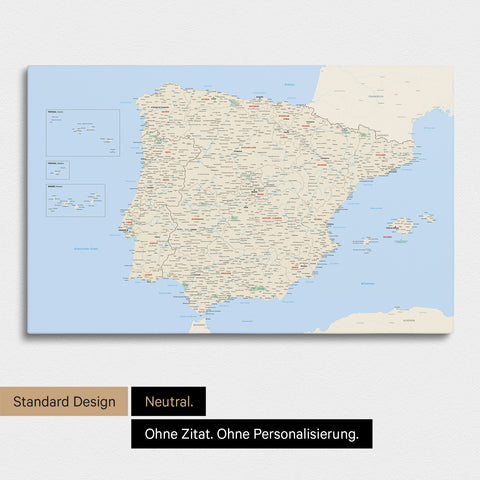 Neutrale Standard Ausführung der detaillierten Spanien- & Portugal-Karte als Pinnwand Leinwand in Multicolor Classic ohne Personalisierung