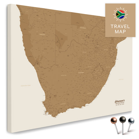 Südafrika-Landkarte in Farbe Bronze als Pinn-Leinwand, mit Pins zur Markierung von Reisezielen, hochwertig in Deutschland gefertigt.