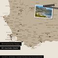 Detail einer Südafrika Landkarte als Pinn-Leinwand im minimalstischen Design und Farbe Desert Sand (Beige), die mit Pins markierte Reiseziele in der Region rund um Kapstadt zeigt. Auf der Pinn-Leinwand können auch Fotos befestigt werden.