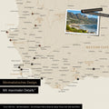 Detail einer Südafrika Landkarte als Pinn-Leinwand im minimalstischen Design und Farbe Gold, die mit Pins markierte Reiseziele in der Region rund um Kapstadt zeigt. Auf der Pinn-Leinwand können auch Fotos befestigt werden.