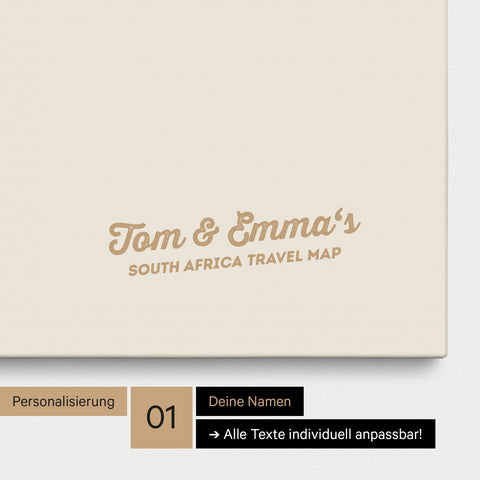 Südafrika-Karte als Pinn-Leinwand in Gold mit Personalisierung und Eindruck mit deinem Namen