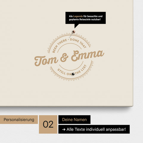 Südafrika-Karte als Pinn-Leinwand in Gold mit einem runden Logo als Personalisierung